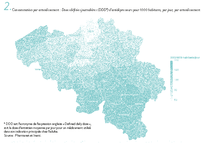 Consommation par arrondissement : Doses définies journalières (DDD*) d’antidépresseurs pour 1000 habitants, par jour, par arrondissement